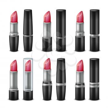 3D Lipstick Set Vector. Black And Silver Tubes. For Woman Lips Make Up. Isolated