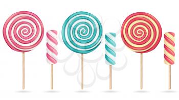 Round Pink Lollipop Set Vector. Cream Marshmallow On Stick. Sweet Realistic Candy Spiral Isolated