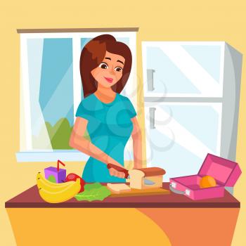Lunch Box Vector. Woman Making Tasty Vegetarian Lunch. Healthy Food. Mother Making Breakfast For Her Children. Flat Cartoon Illustration