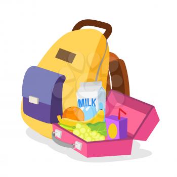 Lunch Box And Bag Vector. Healthy School Lunch Food For Kids, Student. Isolated Flat Cartoon Illustration
