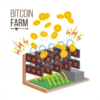 Bitcoin Farm Vector. Cryptocurrency Mining Farm. Video Card. Mining Virtual Gold Coins. Digital Currency Concept. Exchange Service. Data Storage. Isolated