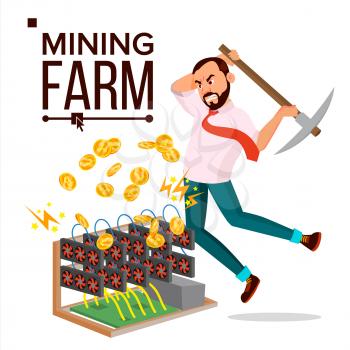 Mining Farm Vector. Businessman Miner. Digital Coin. Component Data. Pay Transaction. Isolated Flat Cartoon Illustration