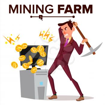 Mining Farm Vector. Businessman Miner. Server Room. Farming Coins. Technology Online. Isolated Flat Cartoon Illustration