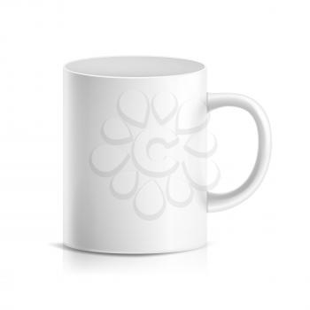 White Mug Vector. 3D Realistic Ceramic Or Plastic Cup Isolated On White Background. Classic Cafe Cup Mock Up With Handle Illustration. Good For Business Branding
