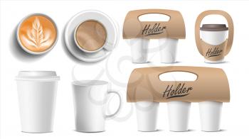 Coffee Packaging Vector. Cups Mock Up. Ceramic And Paper, Plastic Cup. Top, Side View. Cups Holder For Carrying, One, Two, Three Cups. Hot Drink. Take Away Cafe Coffee Cups Holder Mockup. Illustration