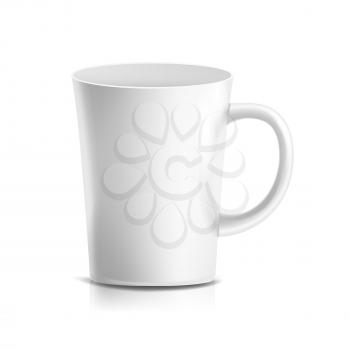 White Mug Vector. 3D Realistic Ceramic Coffee, Tea Cup Isolated On White. Classic Office Cup Mock Up With Handle Illustration. Good For Business Branding, Corporate Identity