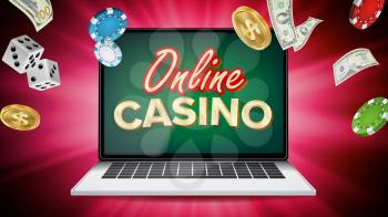 Online Casino Poster Vector. Modern Laptop Concept. Signage, Marketing Luxury Banner, Poster Illustration.
