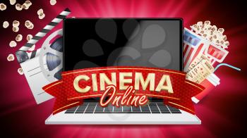 Online Cinema Poster Vector. Modern Laptop Concept. Home Online Cinema. Package Full Of Jumping Popcorn. Luxury Banner, Poster Illustration.