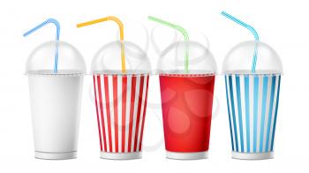 Soda Cup Template Vector. 3d Realistic Paper Disposable Cups Set For Beverages With Drinking Straw. Isolated On White Background. Packaging