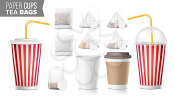 Disposable Paper Cups And Tea Bags Set Vector. Plastic Covers. Take-out Soft Drinks Cup Template. Open And Closed Paper Cup Blank. Realistic Isolated Vector Illustration.