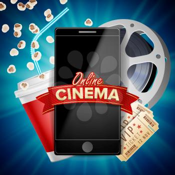 Online Cinema Banner Vector. Realistic Smart Phone. Template For Placard, Promotion Material. Online Cinema Background. Luxury Banner Illustration.