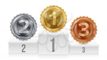 Winner Pedestal With Gold, Silver, Bronze Medals Vector. White Winners Podium. Number One. Red Ribbon, Olive Branch Competition Trophy. Isolated Illustration.