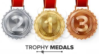 Winner Gold, Silver, Bronze Medals Set Vector. Metal Realistic Badge With First, Second, Third Placement Achievement. Round Label With Red Ribbon. Competition Golden