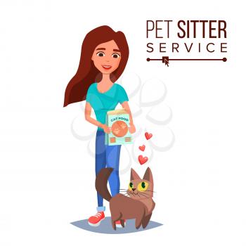 Cat Pet Sitter Service Vector. Professional Pet Sitter Woman. Cat Walking Service. Isolated On White Cartoon Character Illustration
