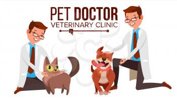 Veterinarian Male Vector. Dog And Cat. Medicine Hospital. Pet Doctor. Health Care Clinic Concept. Isolated Flat Cartoon Illustration
