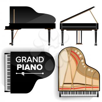 Grand Piano Set Vector. Realistic Black Grand Piano Top And Back View. Opened And Closed. Isolated Illustration. Musical Instrument.