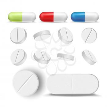 Realistic Pills And Drugs Set Vector. Painkiller, Pharmaceutical Antibiotics. Isolated Illustration