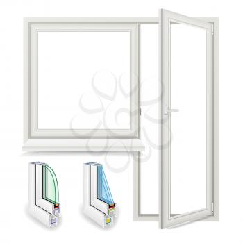 Plastic Window Vector. Opened Door. Home White Window Design Concept. Isolated