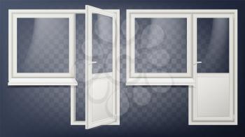 Plastic Door Vector. Home Interior Door And Window. Opened And Closed. Plastic Glass Door. Energy Saving. Isolated On Transparent Background Illustration