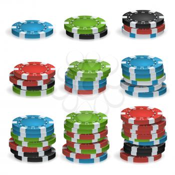 Poker Chips Stacks Vector. Plastic. White, Red, Black, Blue, Green Casino Chips Illustration. Poker Game Chips Isolated On White Background Illustration.