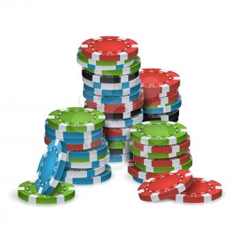 Gambling Chips Stacks Vector. 3D Realistic. Poker Game Chips Isolated On White Background For Online Casino, Gambling Club, Poker, Billboard.