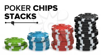 Casino Chips Stacks Vector. 3D Realistic. Colored Poker Game Chips Sign Illustration.