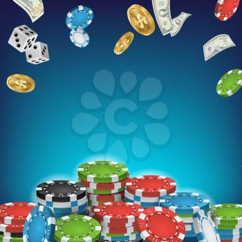 Online Casino Poster Vector. Poker Gambling Casino Sign. Bright Chips, Flying Dollar Coins, Banknotes Explosion. Winner Concept. Jackpot Billboard