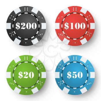 Poker Chips Vector. Set Classic Colored Poker Chips Isolated On White. Red, Black, Blue, Green Casino Chips Illustration.