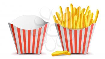 French Fries Potatoes Vector. Classic Striped Red White Paper Box. Empty And Full. Isolated On White