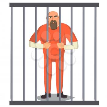 Man In Prison Vector. Bandit Arrested And Locked. Isolated On White Cartoon Character Illustration
