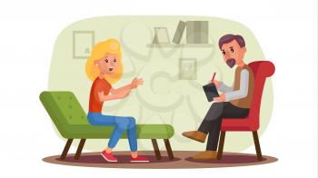 Classic Psychologist Vector. Classic Psychotherapist And Woman Patient. Psychotherapy Counseling Concept. Consultation Of Psychotherapist. Psychology Cabinet With Sofa. Flat Cartoon