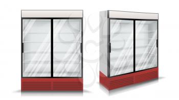 Refrigerator Realistic Vector. Modern vertical Fridge. Front Panel. Two Glass Sliding Doors. Isolated Illustration