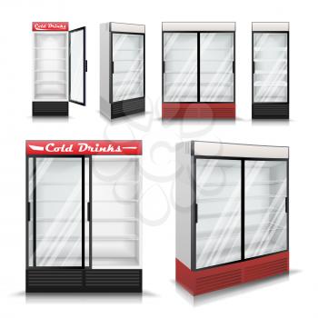 Refrigerator Realistic Vector. Modern vertical Fridge. Front Panel. Two Glass Sliding Doors. Isolated Illustration