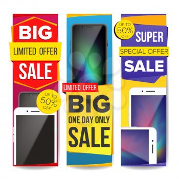 Sale Banner Set Vector. Place For Your Product. Smartphone. Discount Banners. Up To 50 Percent Off. Sale Banner Tag. Price Labels. Isolated Illustration