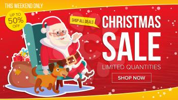 Christmas Sale Banner Vector. Cute Santa Claus. Cartoon Business Brochure Illustration. Template Design For Xmas Banner, Brochure, Poster, Discount Offer Advertising.