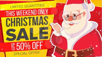 Christmas Sale Banner With Classic Xmas Santa Claus Vector. Discount Special Offer Sale Banner. Marketing Advertising Design Illustration. Design For Xmas Party Poster, Brochure