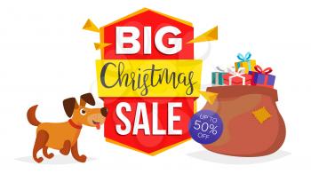 Christmas Dog Sale Banner Template Vector. Holidays Sale Announcement. Isolated On White Illustration
