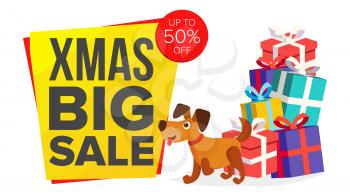 Christmas Dog Sale Banner Template Vector. Sale Background Illustration. For Web, Flyer, Xmas Card, Advertising. Isolated
