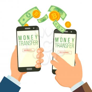 Mobile Money Transferring Banking Concept Vector. Hand Holding Smartphone. Dollar And Bitcoin. Wireless Finance Sending And Receiving. Modern Finance Economic. Isolated