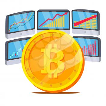 Bitcoin With Graph Diagram Vector. Trading Monitors And Trend. Digital Money. Cryptocurrency Investment Concept. Isolated