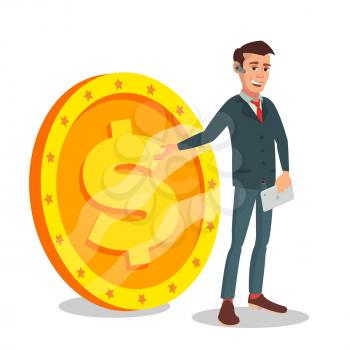 Businessman Standing With Big Dollar Sign Vector. Money Banking Investment Concept. Isolated