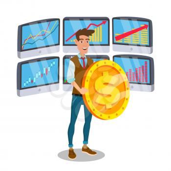 Businessman Standing With Big Dollar Sign Vector. Trading Monitors And Trend. Banking Money Investment Concept. Isolated