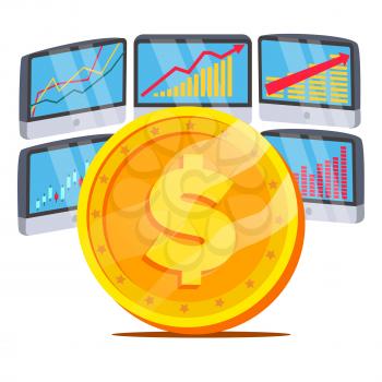 Dollar With Graph Diagram Vector. Trading Monitors And Trend. Currency Investment Concept. Banking And Money. Isolated