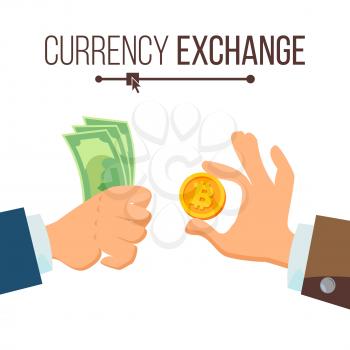 Money Currency Exchange Concept Vector. Dollar And Bitcoin. Finance. Isolated