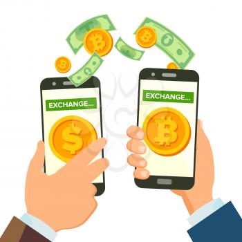 Money Exchange Banking Concept Vector. Human Hand Banner. Hand Holding Smartphone. Mobile Smart Phone And Hands. Dollar And Bitcoin. Wireless Finance Sending. Isolated