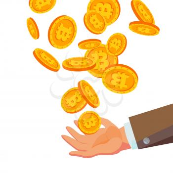 Bitcoins Falling To Business Hand Vector. Flat, Cartoon Gold Coins Illustration. Cryptography Finance Coin Design. Fintech Blockchain. Currency