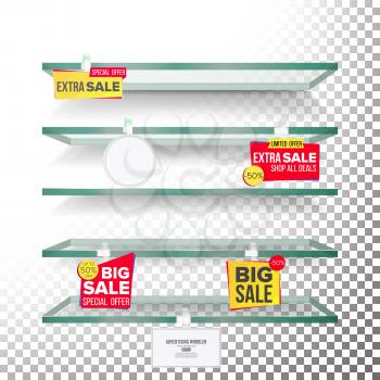 Empty Shelves, Advertising Wobblers Vector. Retail Concept. Discount Sticker. Sale Banners. Isolated Illustration