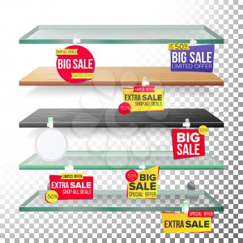 Empty Supermarket Shelves, Wobblers Vector. Price Tag Labels. Selling Card. Discount Sticker. Sale Banners. Isolated Illustration