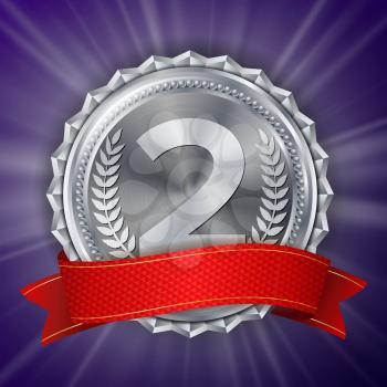 Silver Medal Vector. Silver 2nd Place Badge. Metallic Winner Award. Red Ribbon. Olive Branch. Realistic Illustration.
