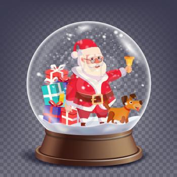 Christmas 3d Classic Xmas Snow Globe Vector. Cartoon Santa Claus With Gifts. Glass Sphere With Glares And Gighlights. Isolated On Transparent Background Illustration